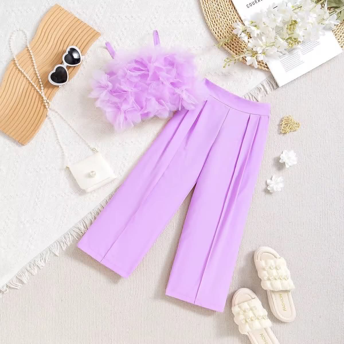 Little Glamour Pink Tulle & Wide-Leg Trouser Set
