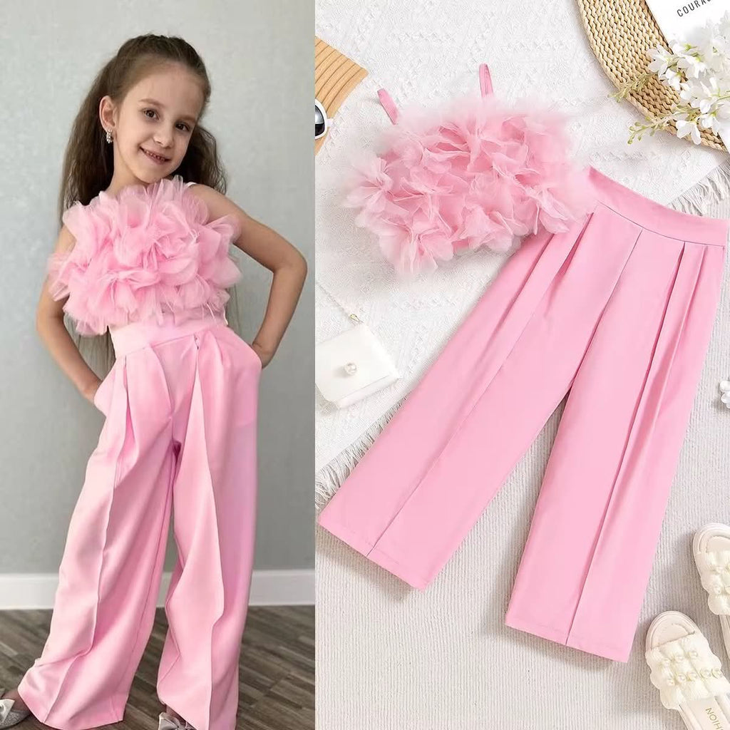 Little Glamour Pink Tulle & Wide-Leg Trouser Set