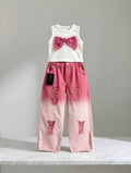 Girls' Pink Ombré Butterfly Denim & 3D Bow Tank Set