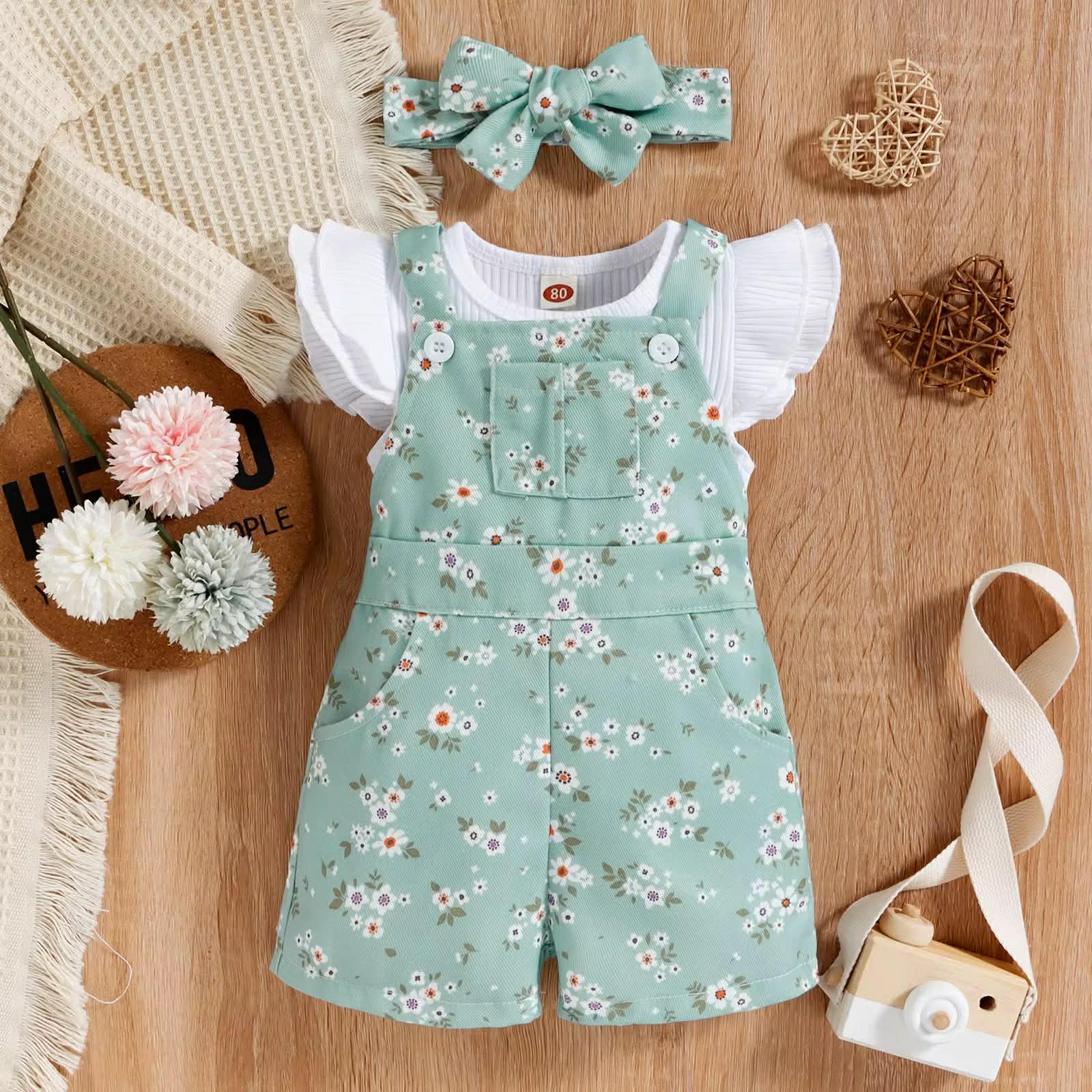 Lily & Garden Floral Overall Romper & Flutter Sleeve Set