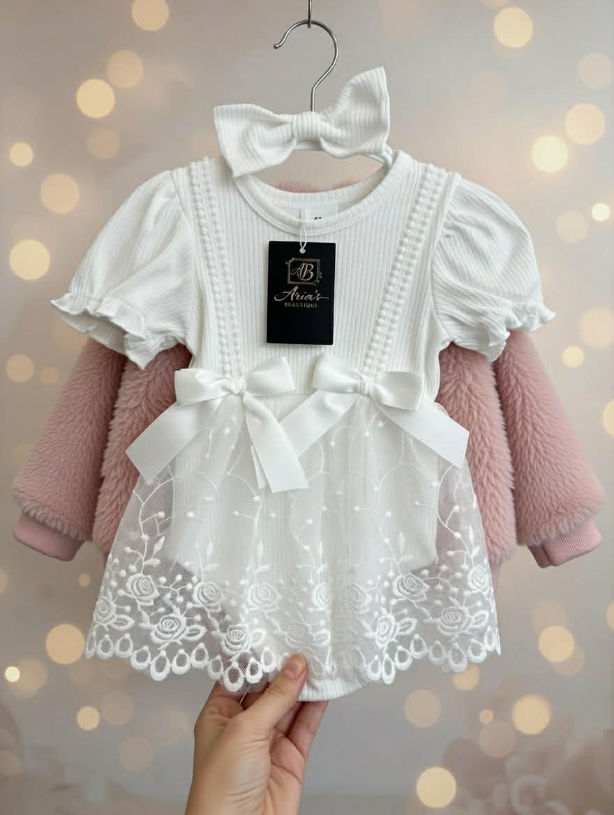 Pink Ribbed Tutu Romper with Matching Bow