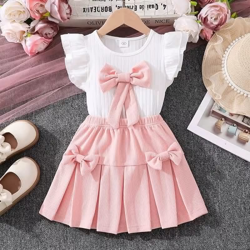 Sweetheart Ribbed Bow & Pleated Skirt Set